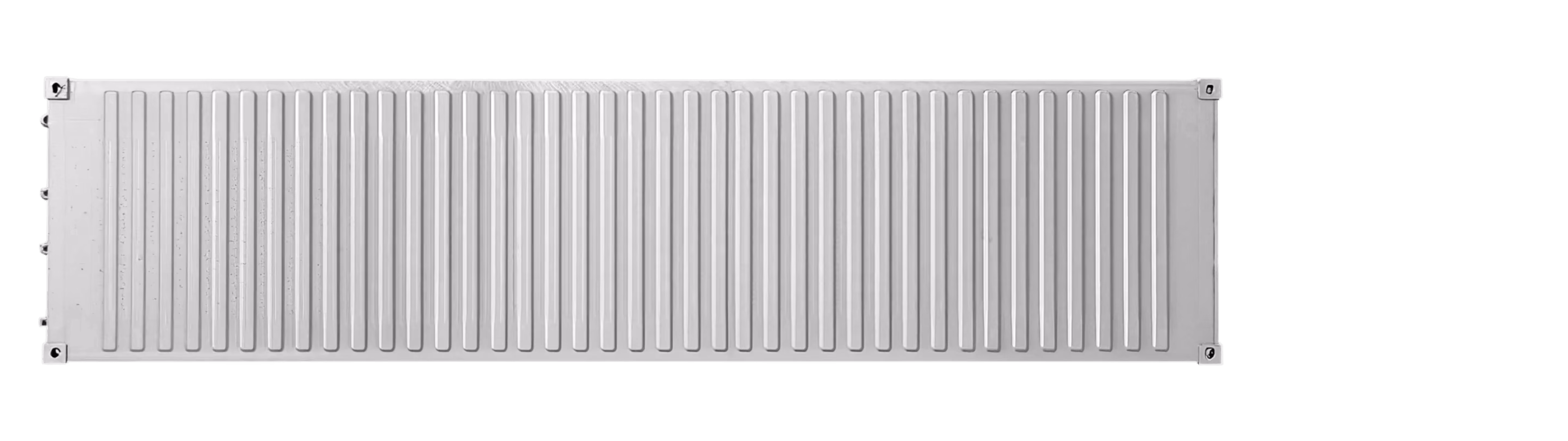 Draufsicht auf einen langen, leeren grauen Schiffscontainer mit gewelltem Metalldach und Eckbeschlägen.