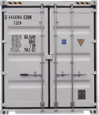 Rückansicht eines verschlossenen weißen Schiffscontainers mit Sicherheits- und Gewichtswarnhinweisen.