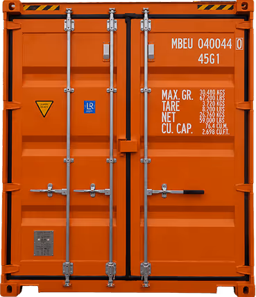 Orangefarbene Containertür mit Metallschlössern sowie weißen Gewichts- und Kapazitätsangaben.
