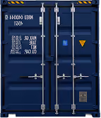 Blaue Schiffscontainertüren mit Verriegelungsstangen, Warnschildern und weißem Schablonentext.