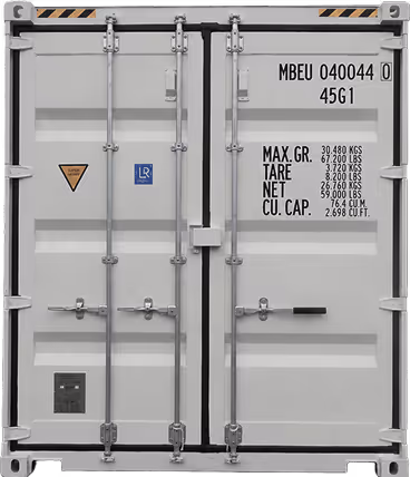 Weiße Hecktüren eines Schiffscontainers mit Gewichts- und Kapazitätsangaben in schwarzer Schrift.