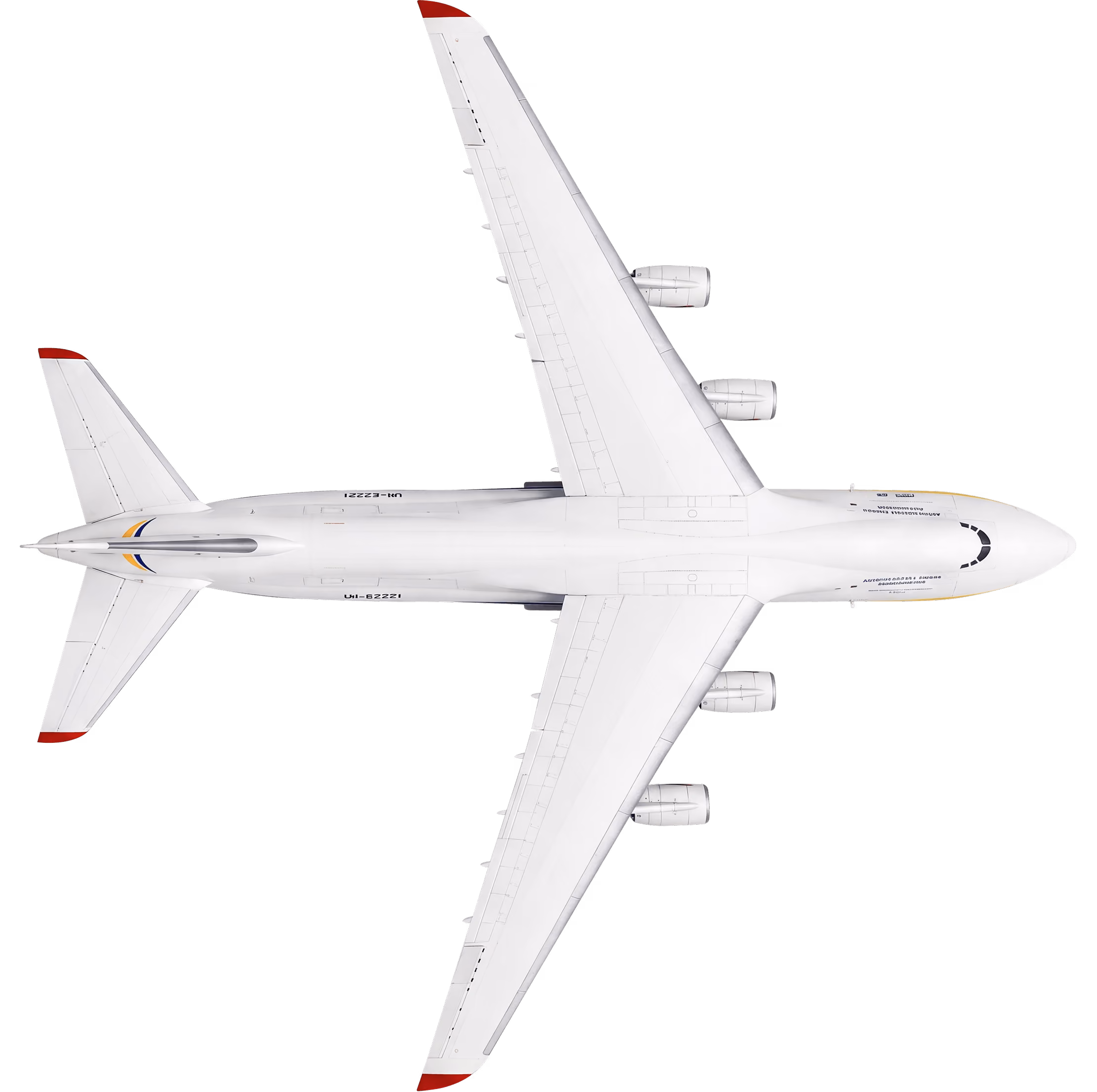 Draufsicht auf ein weißes Verkehrsflugzeug mit vier Triebwerken und roten Spitzen an Flügeln und Leitwerk.