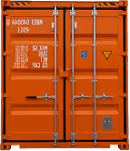 Orangefarbene Containertür mit Metallverriegelungsstangen und Warnschildern.