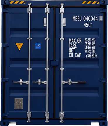 Blaue Schiffscontainertüren mit Metallschlössern sowie weißen Gewichts- und Kapazitätsangaben.