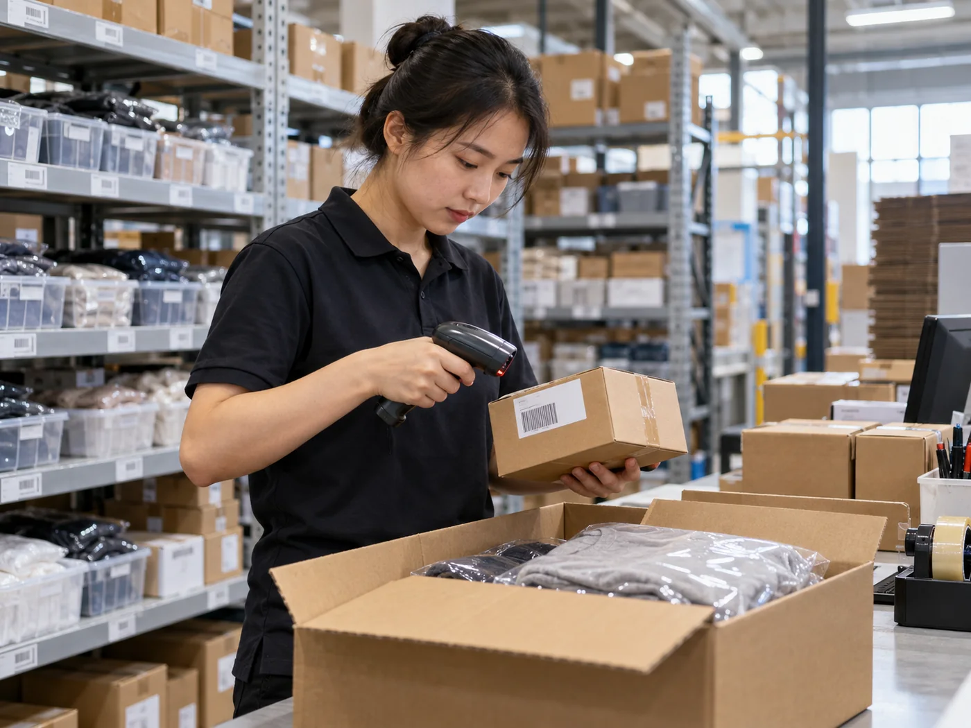 Inventur-Barcode-Scan und Verpacken von Bekleidungsbestellungen an einem Fulfillment-Arbeitsplatz