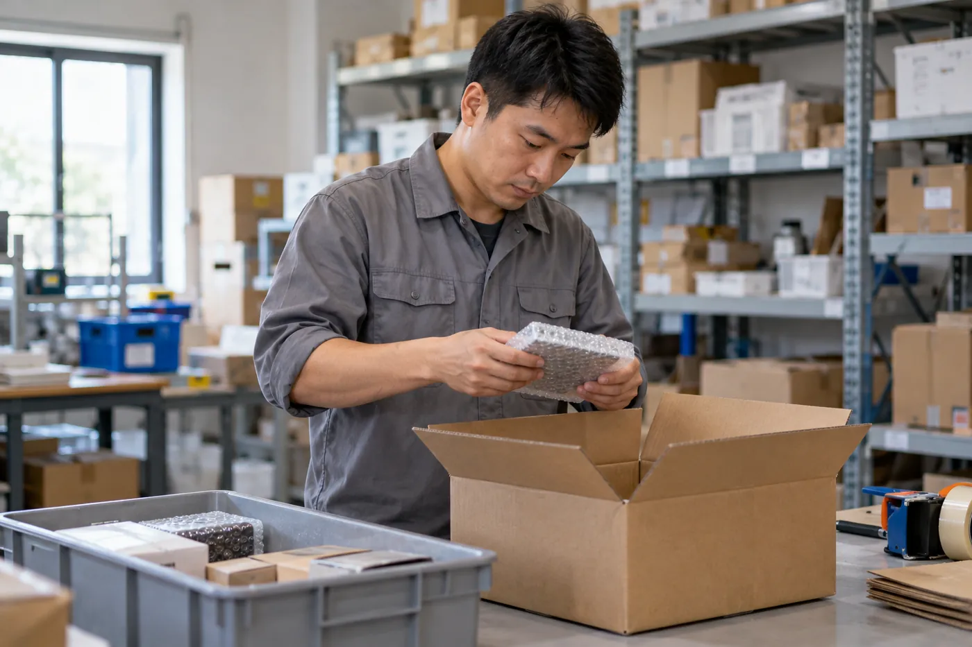 Dernier article prélevé vérifié avant la fermeture du carton d’une commande client.