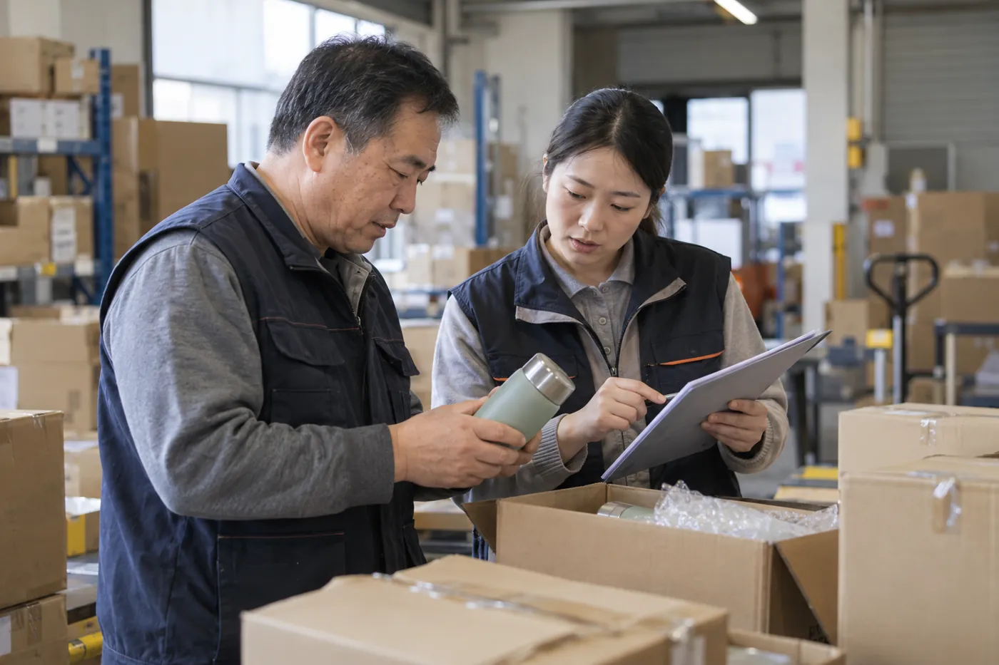 Échantillon du produit et checklist de préparation vérifiés avant les opérations d'entrée en stock.