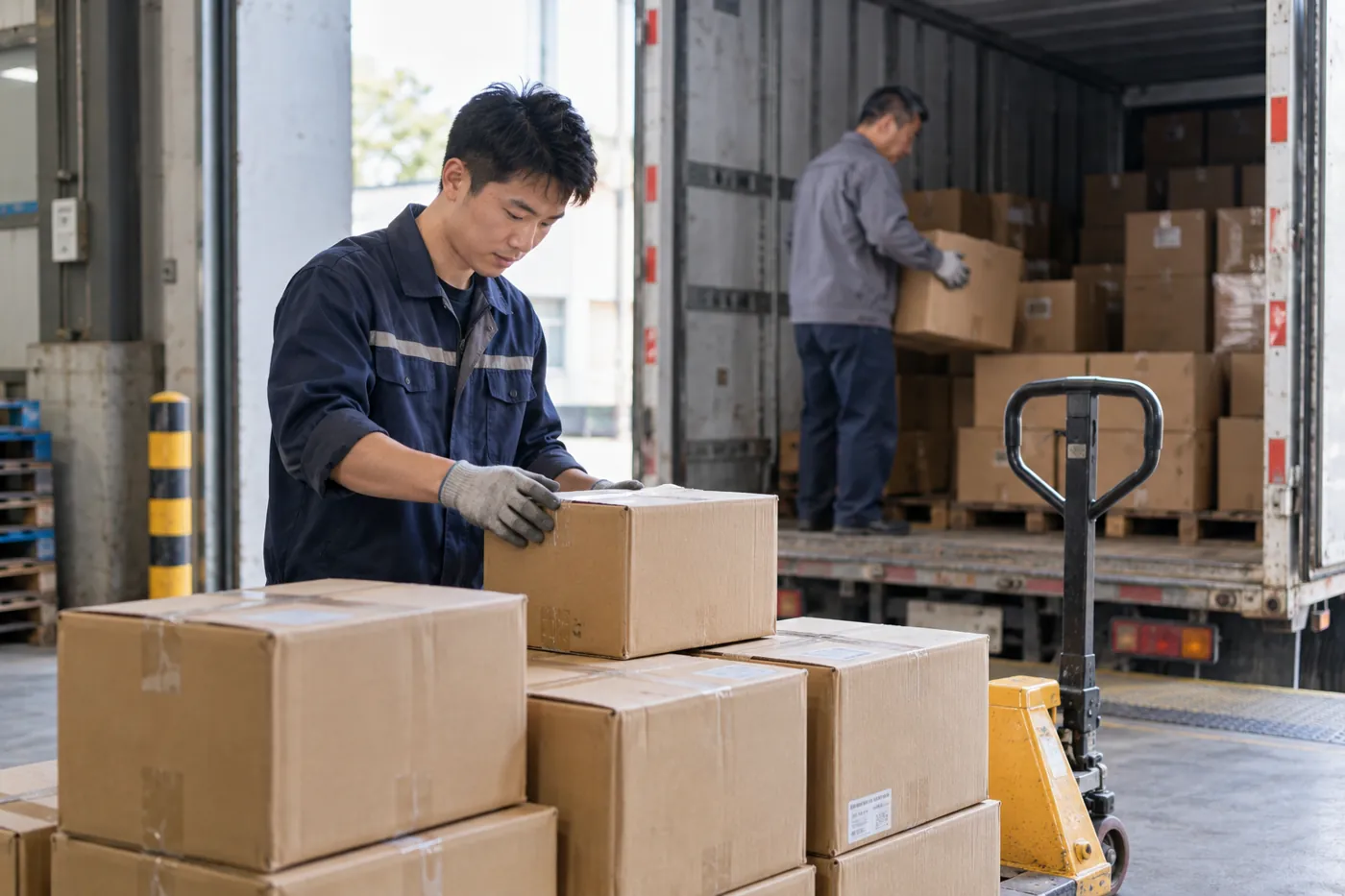 Opérateur de réception comptant des cartons à côté d'un transpalette.