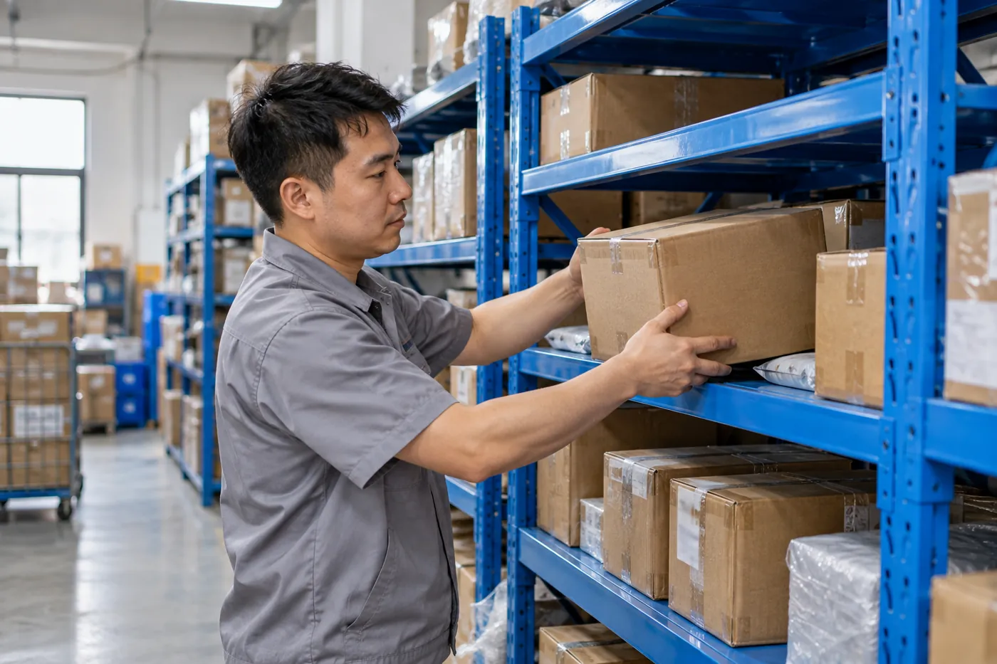 Carton contrôlé placé dans un emplacement de stockage attribué.