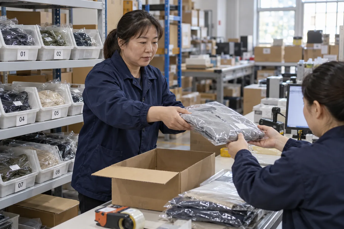 Articles vestimentaires prélevés transférés depuis un bac de commande pour être emballés.