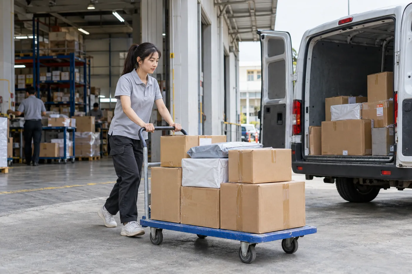 Colis scellés déplacés vers un véhicule de collecte du transporteur stationné.