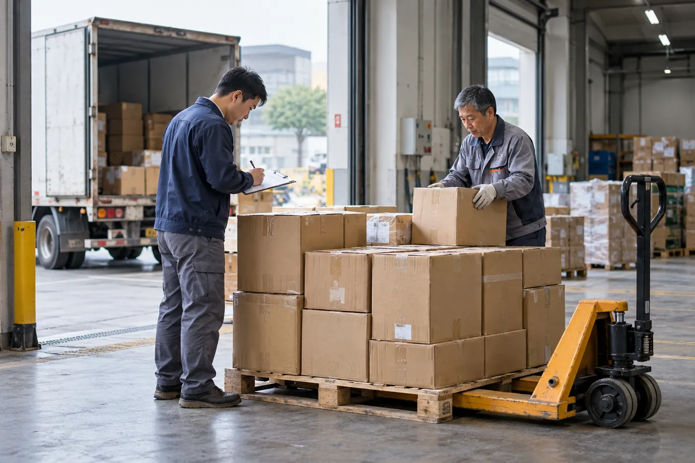 Réception de cartons dans une zone d’entrepôt organisée.