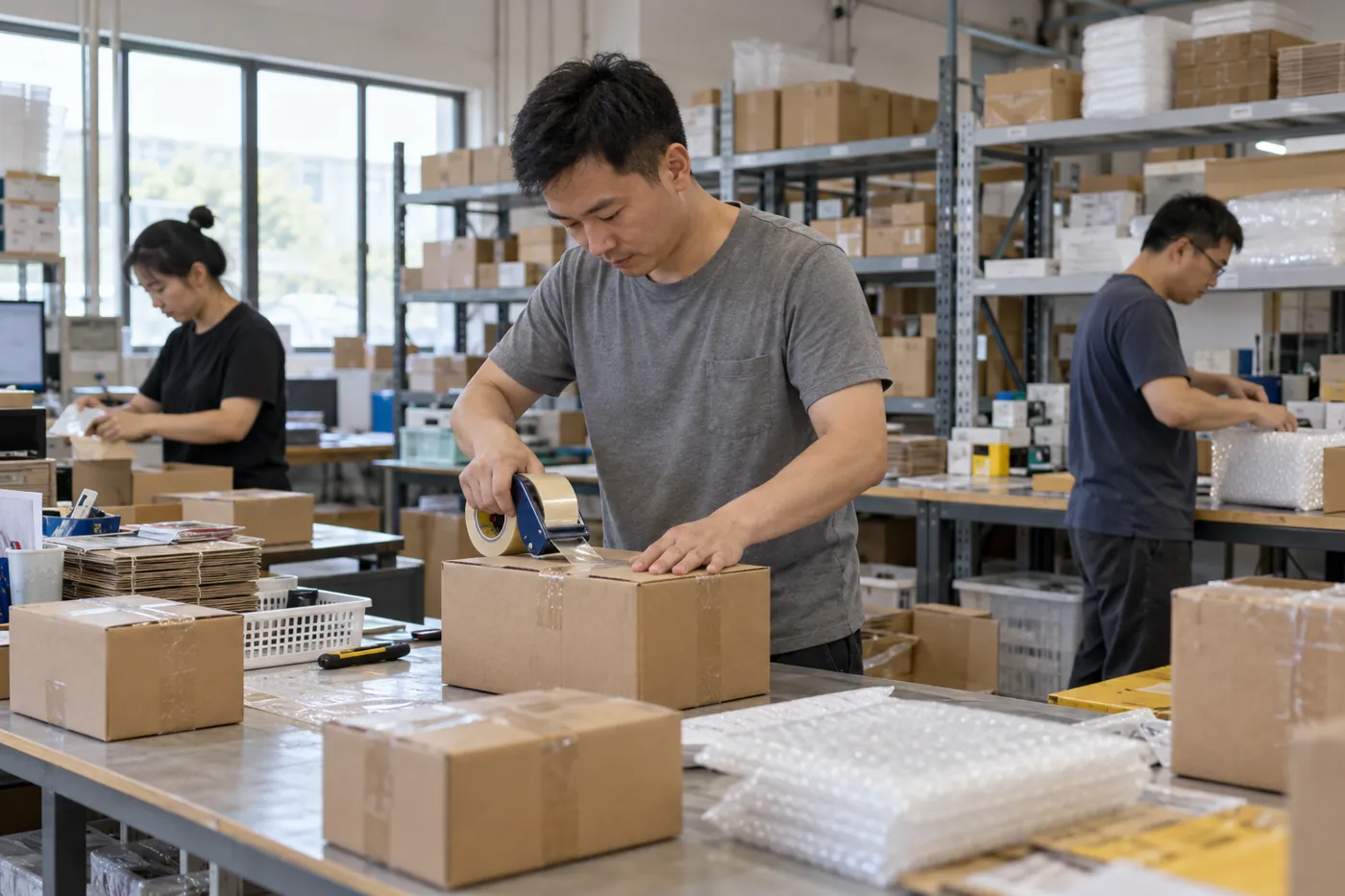 Personnel d’entrepôt préparant différentes commandes ecommerce sur des postes d’emballage.