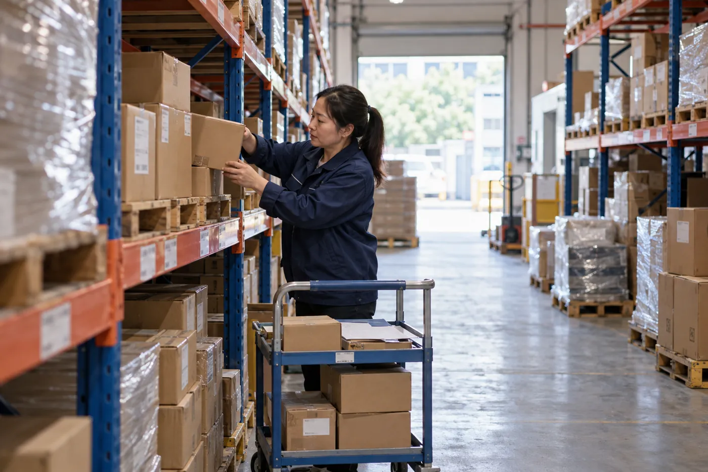 Allée de stockage des cartons avec un petit chariot de picking.