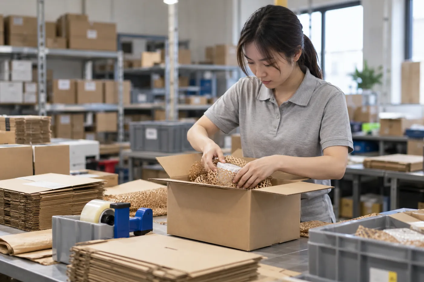 Cartons d’expédition et matériaux d’emballage disposés sur un poste de travail.