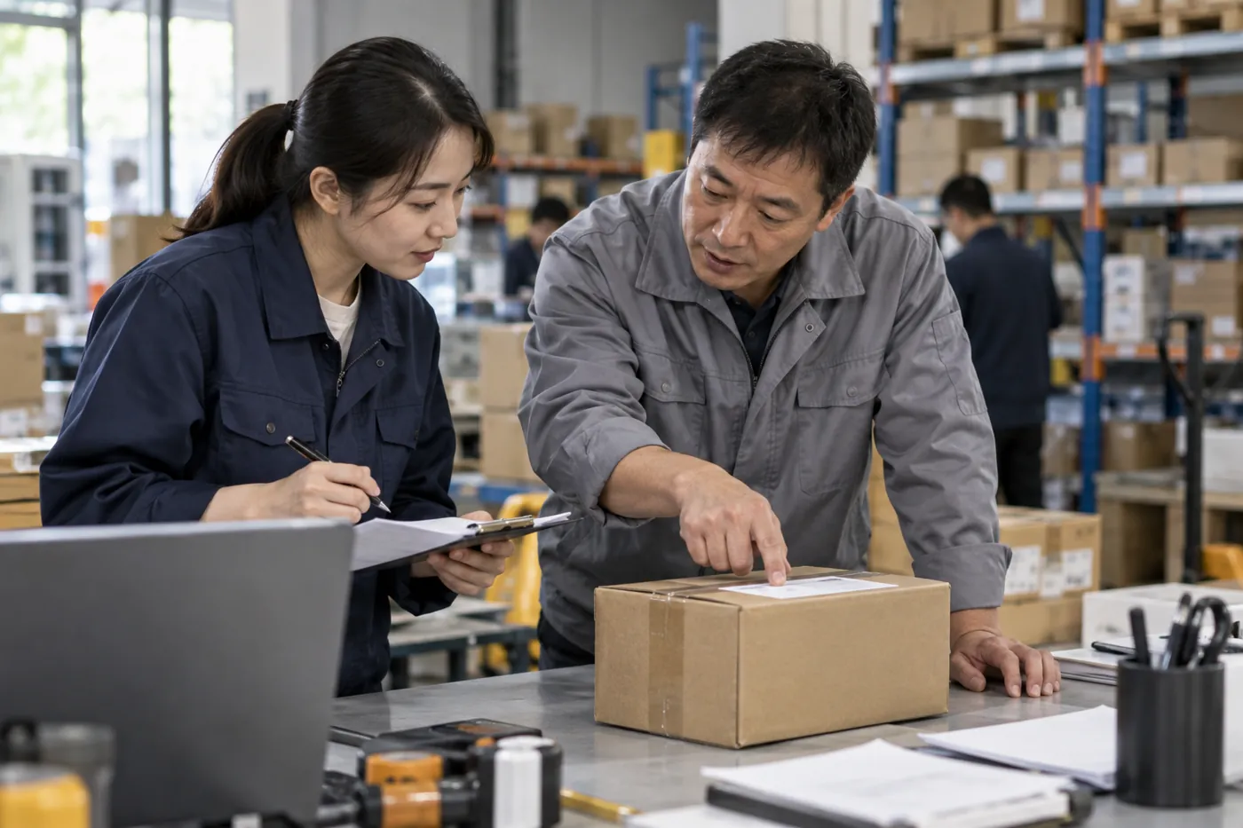 Customer and warehouse coordinator discussing a sample parcel and shipping brief.