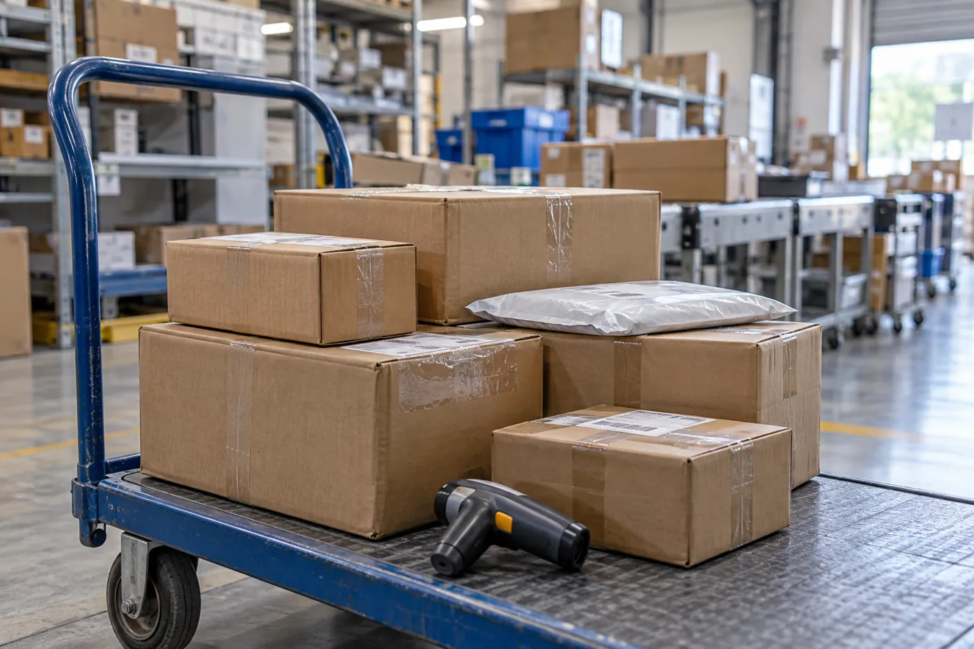 Prepared ecommerce parcels on a dispatch trolley beside a barcode scanner.