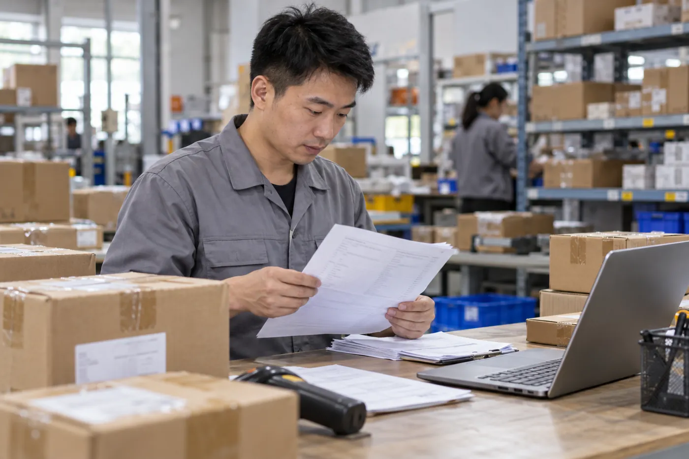 Operario de order fulfillment revisando registros de pedidos impresos junto a un portátil y paquetes en un escritorio del almacén.