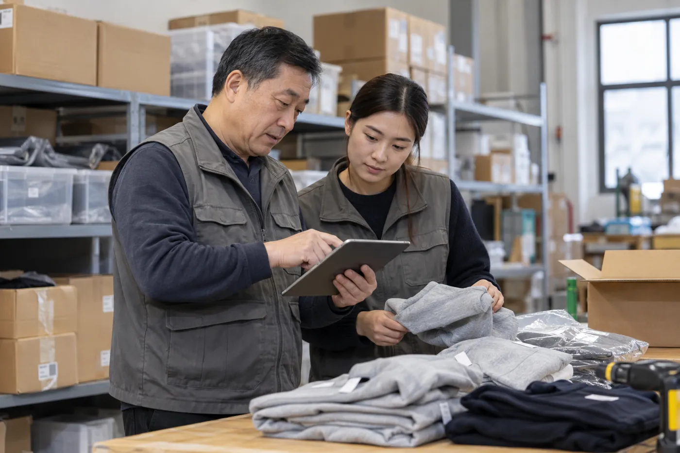 Dos miembros del equipo de order fulfillment revisando una tableta junto a prendas colocadas en una mesa de embalaje.