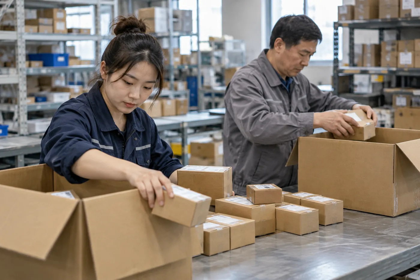 Operario clasificando cajas pequeñas entre dos cajas de envío abiertas en un puesto de trabajo del almacén.
