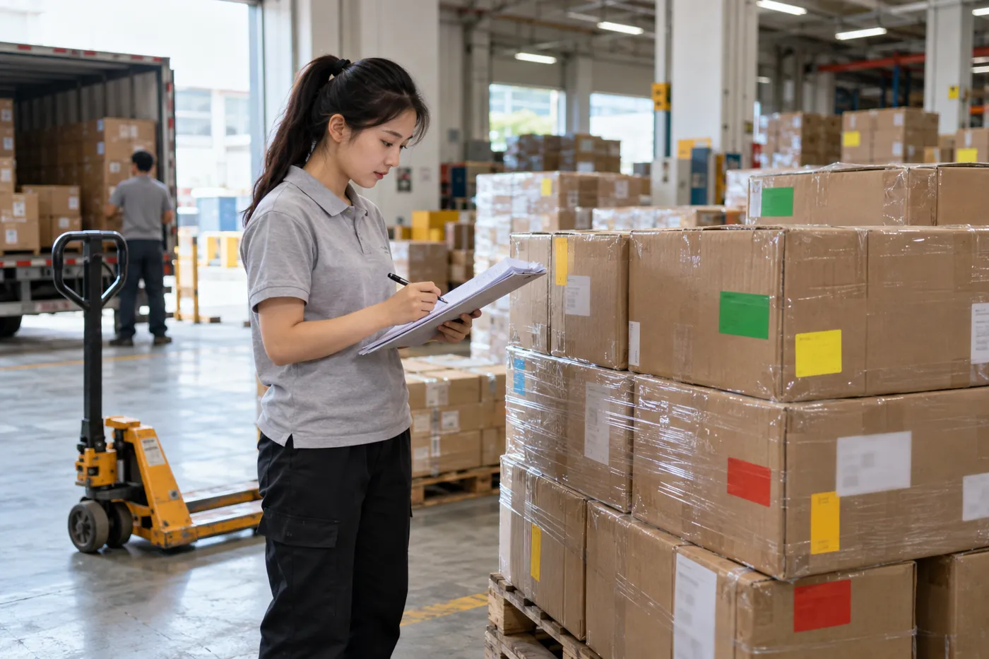 Trabajador revisando documentos junto a palés de cajas identificados con marcadores de envío de distintos colores.