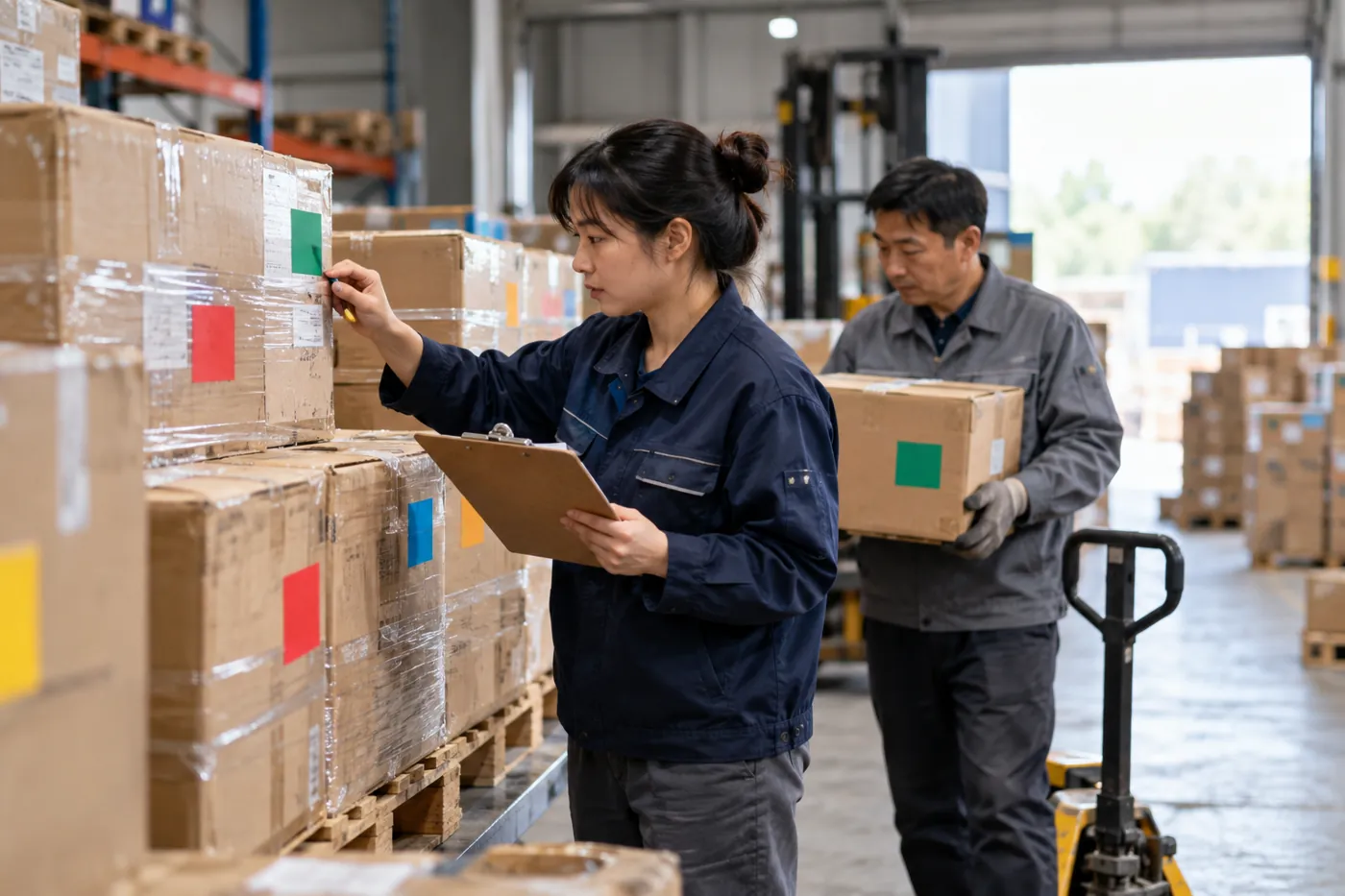 Trabajador del almacén revisando cajas paletizadas separadas por marcadores de entrega de distintos colores.
