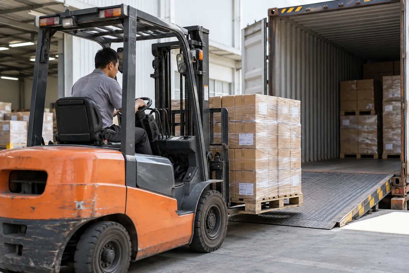 Carretilla elevadora trasladando un palé envuelto de cajas hacia un contenedor de carga abierto.
