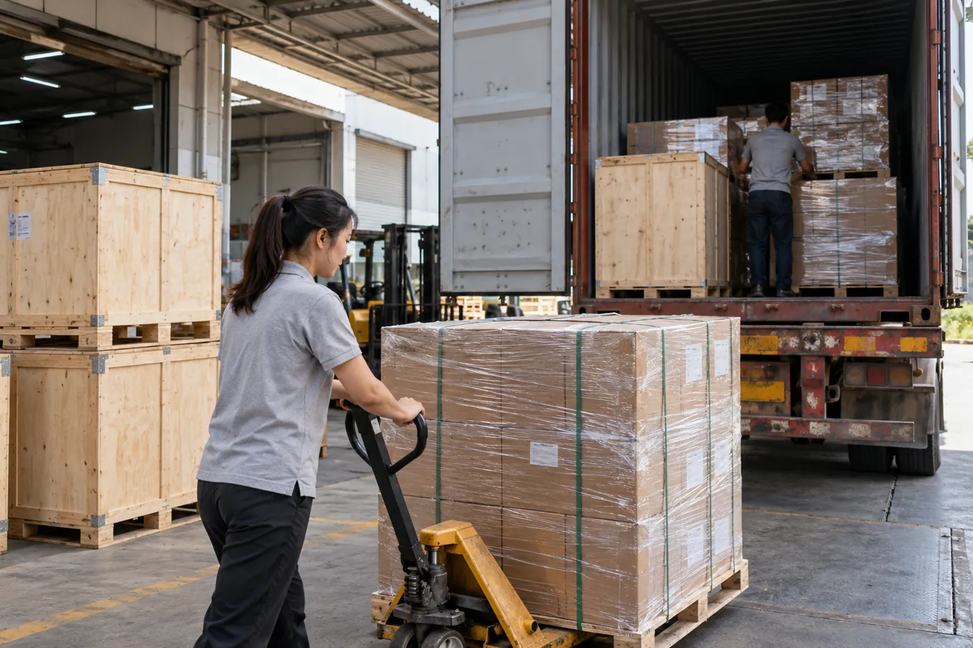 Cajas de transporte de madera y palés de cajas envueltos con plástico, preparados junto a un contenedor abierto.