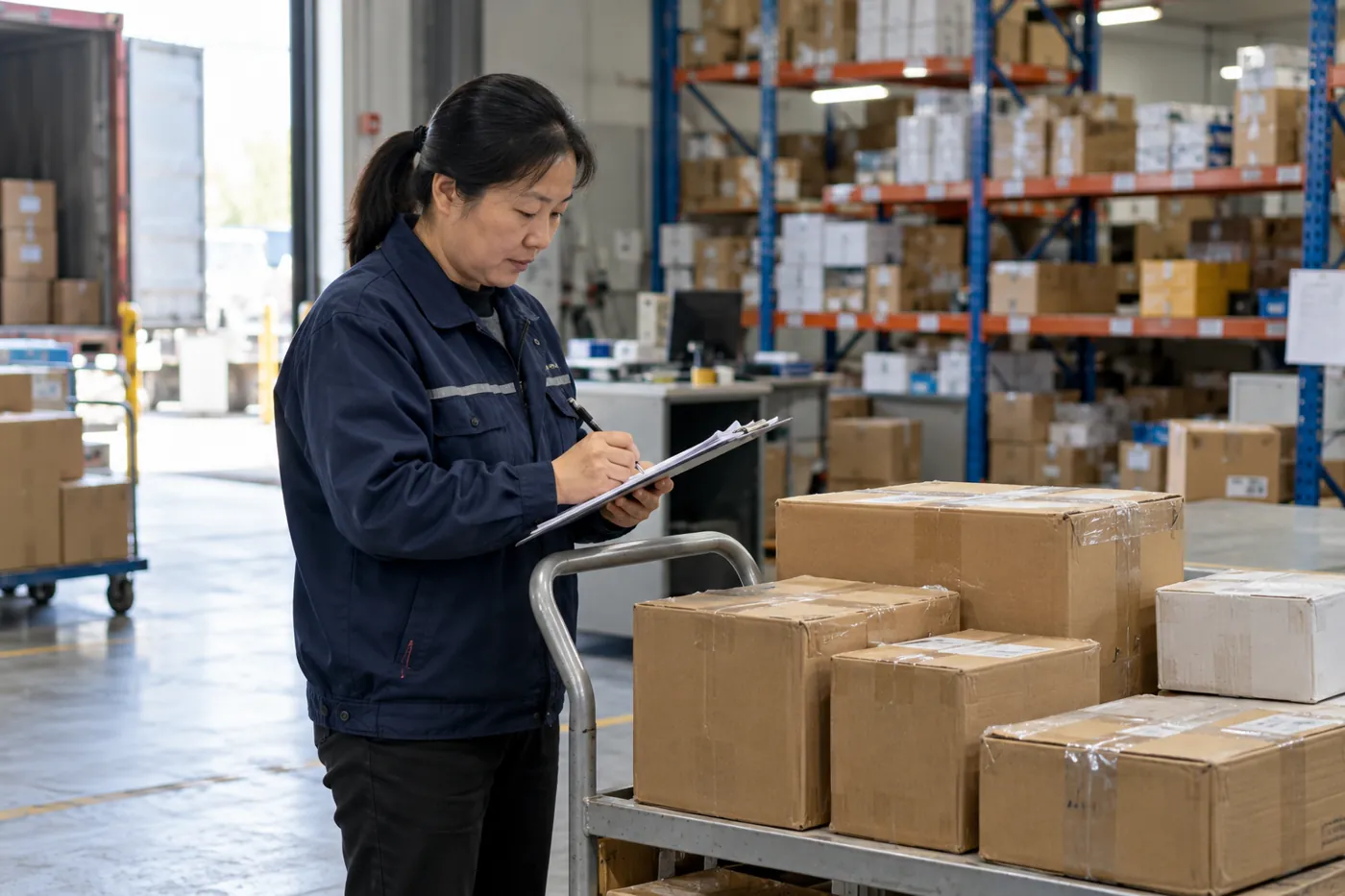 Worker checking received ecommerce cartons beside organized warehouse shelving.