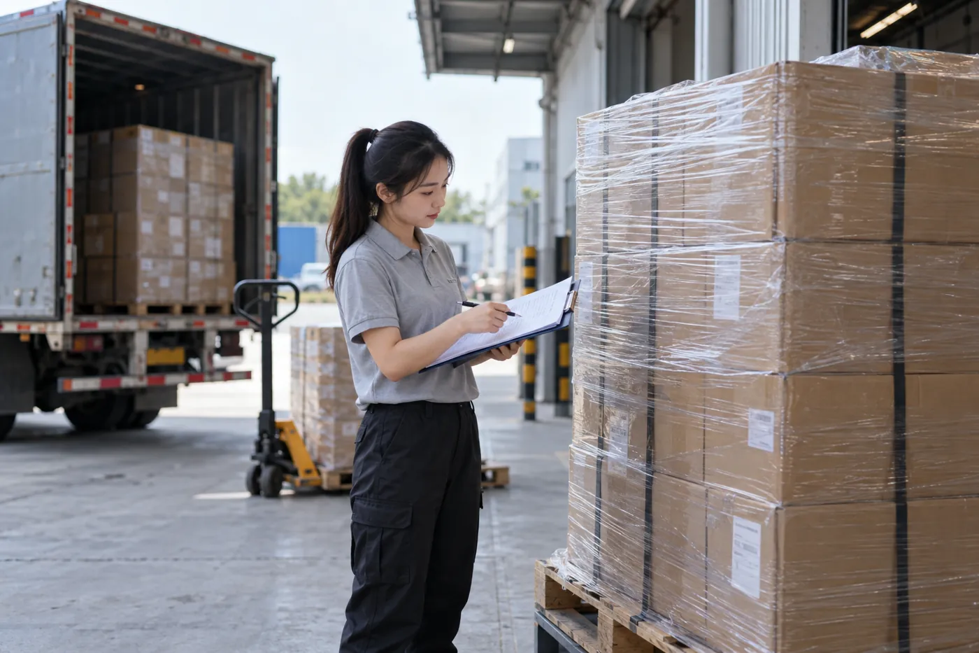 Exportkartons und Frachtdokumente werden vor der Lkw-Übergabe geprüft.