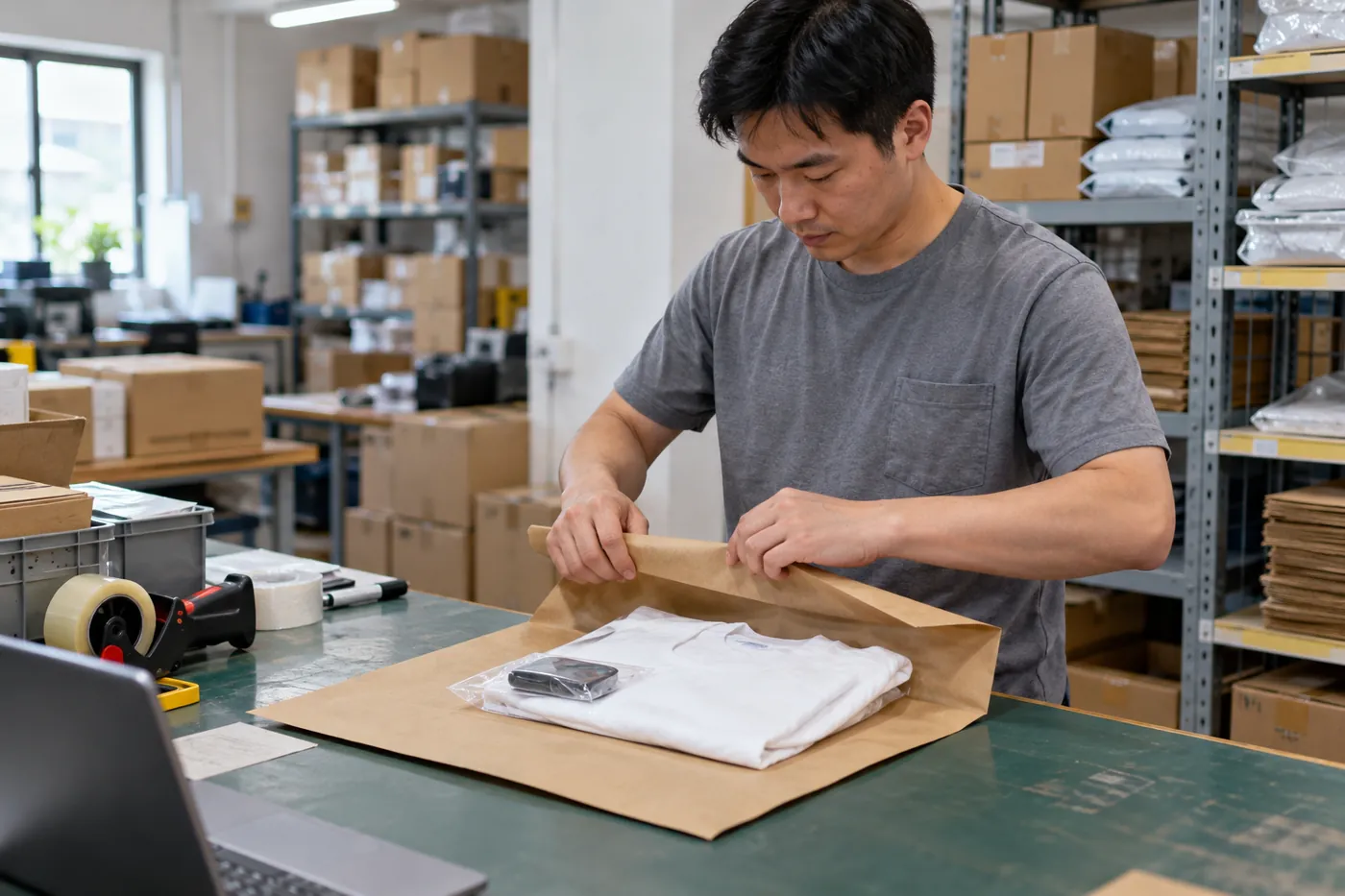 Operator packing an individual apparel and accessory order into a paper mailer.
