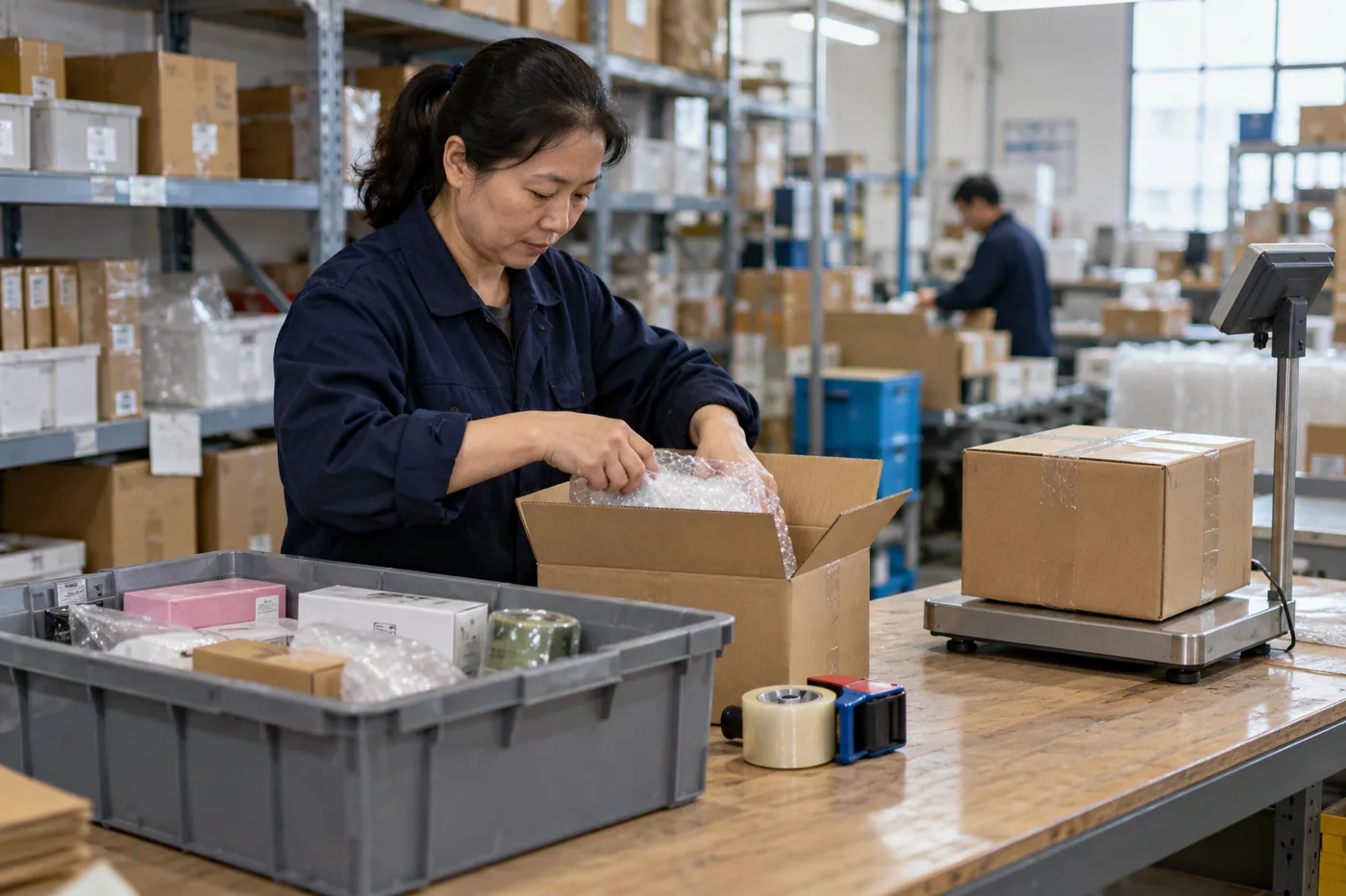 Picked orders, active carton packing and parcel weighing at a fulfillment bench.
