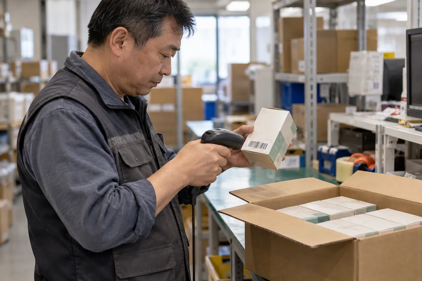 Worker scanning an individual product barcode beside an open replenishment carton.