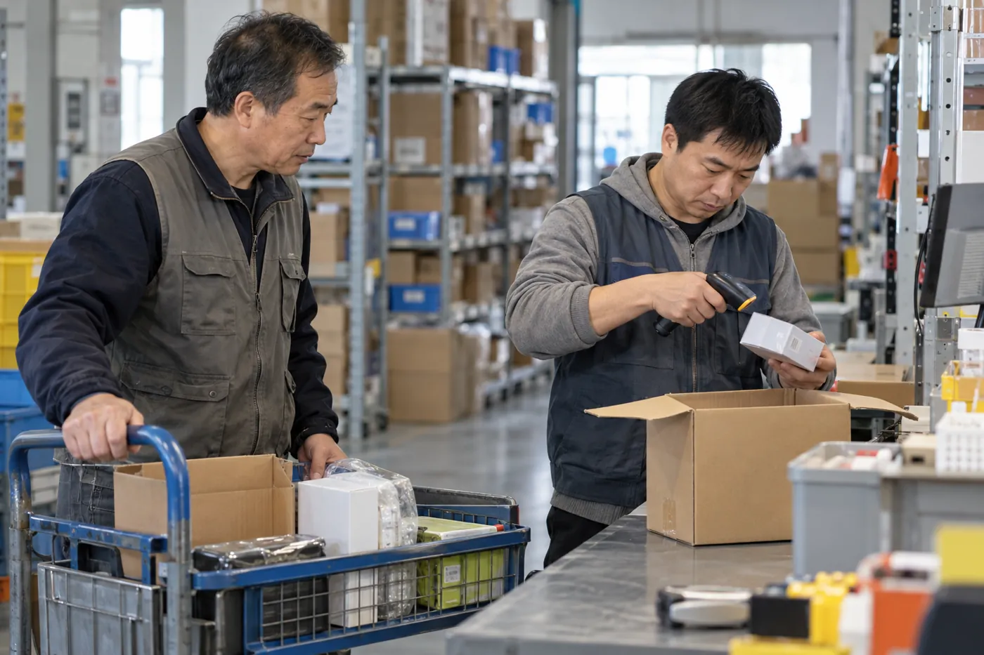 Picked products being scanned before order packing at a warehouse bench.