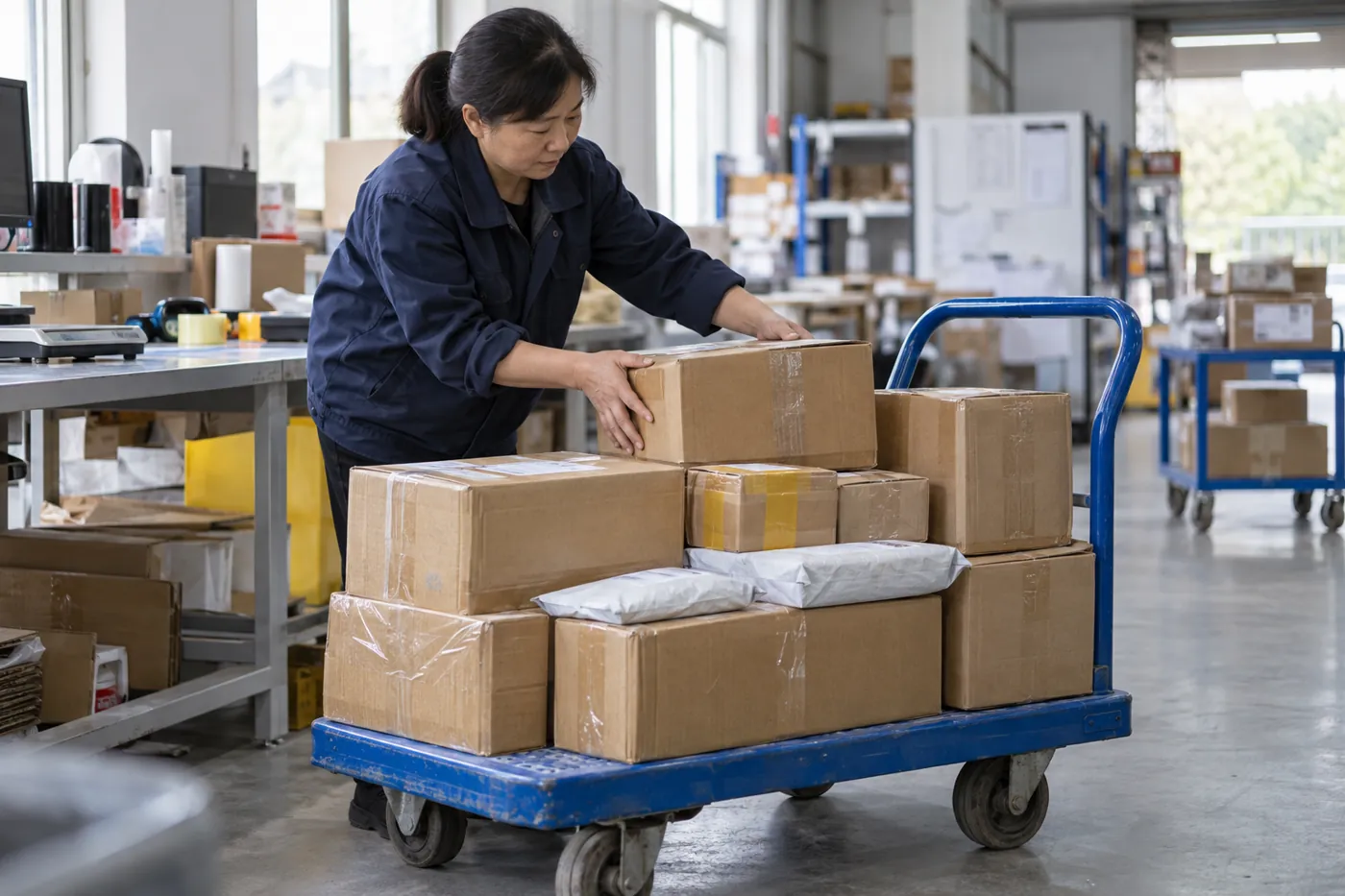 Lote de paquetes de ecommerce pequeños preparado para la recogida del transportista.