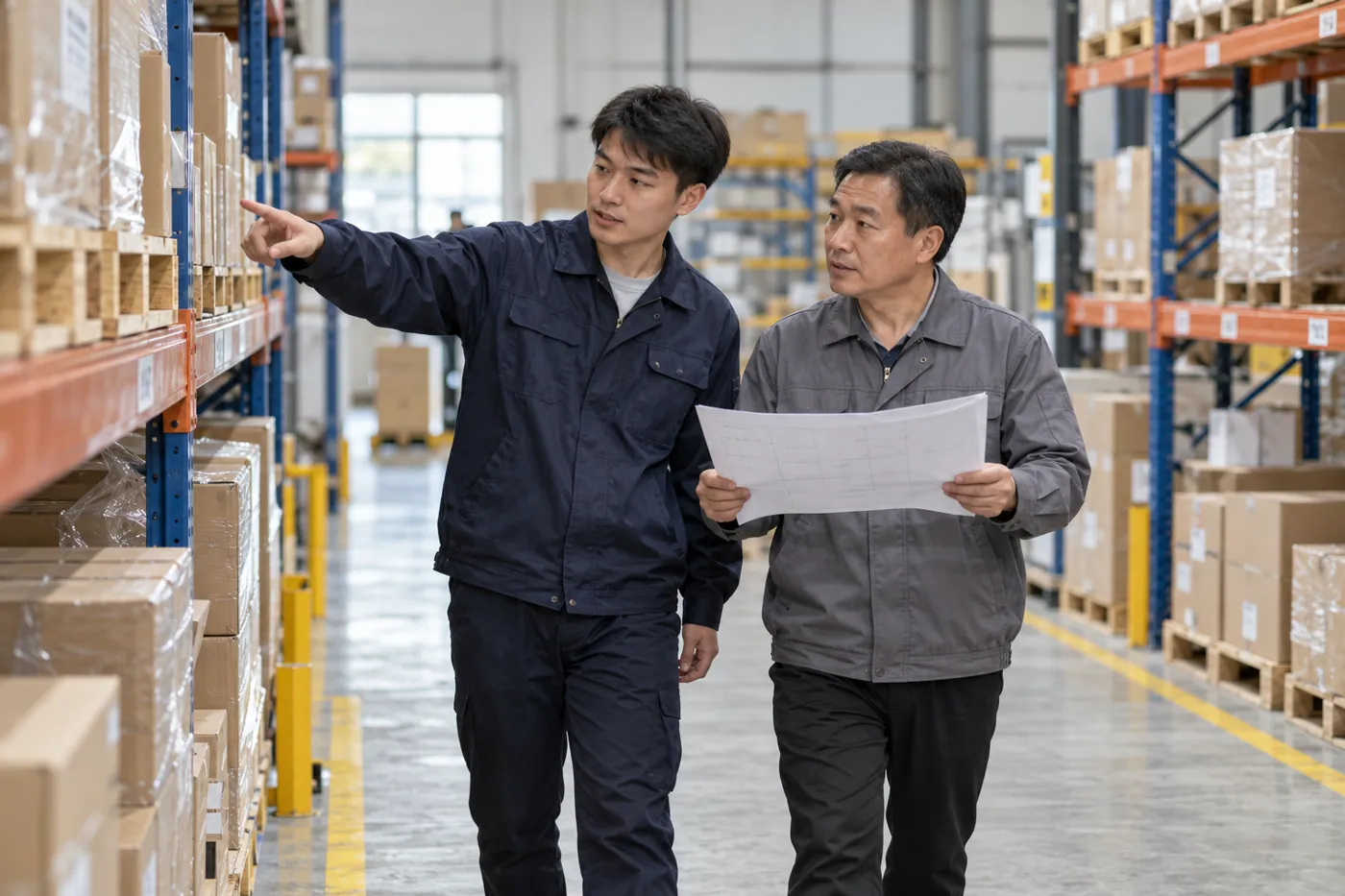 Warehouse staff reviewing a storage layout beside clear pallet aisles.