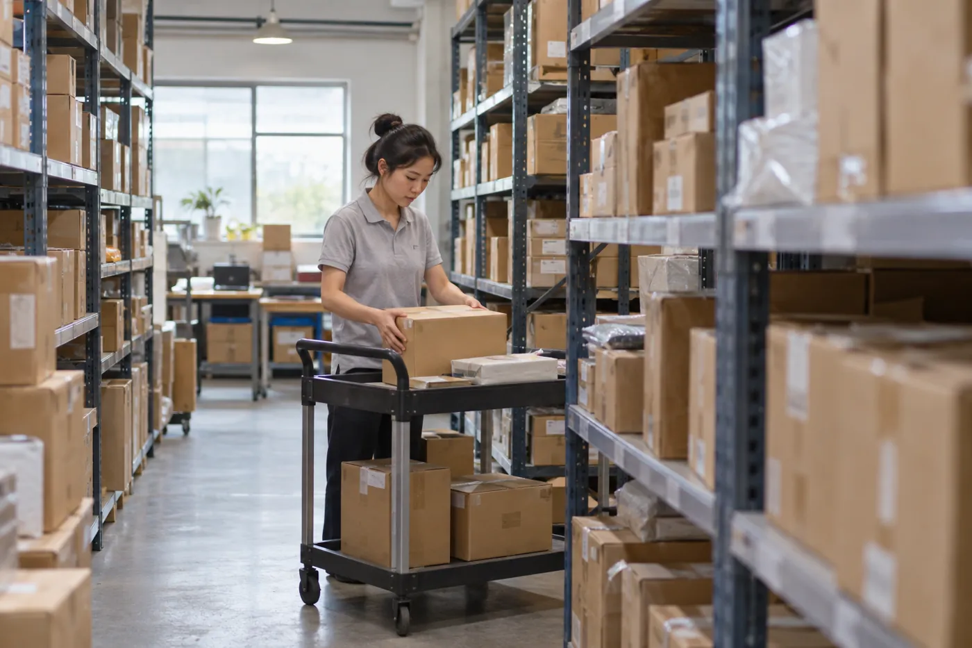 Zone représentative de stockage de cartons et de gestion des stocks.