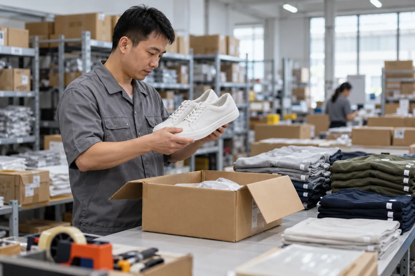 Variantes sencillas de calzado y ropa comprobadas antes de la preparación de pedidos.
