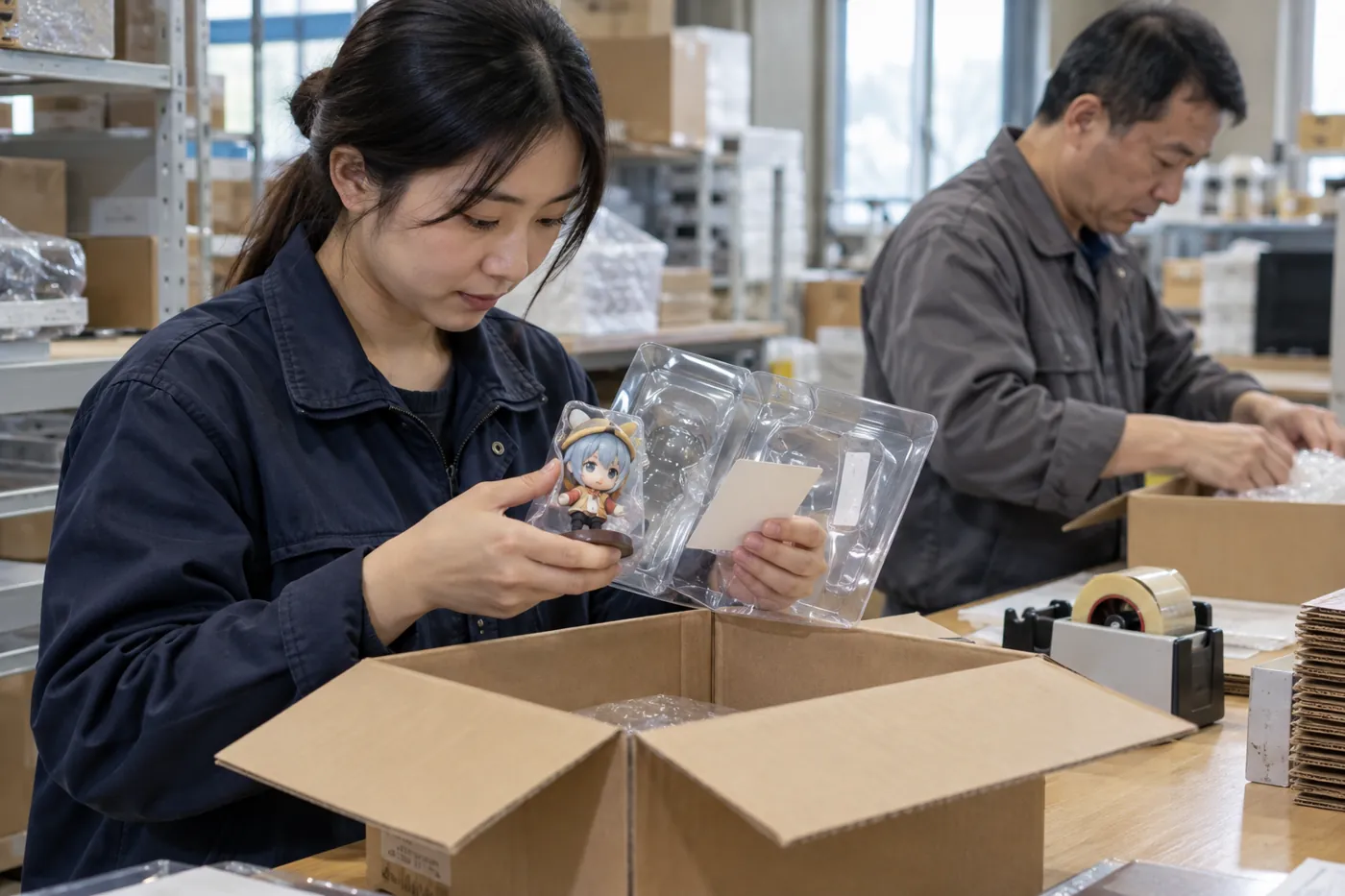 Figura coleccionable genérica e inserto de merchandising comprobados en un embalaje a medida.
