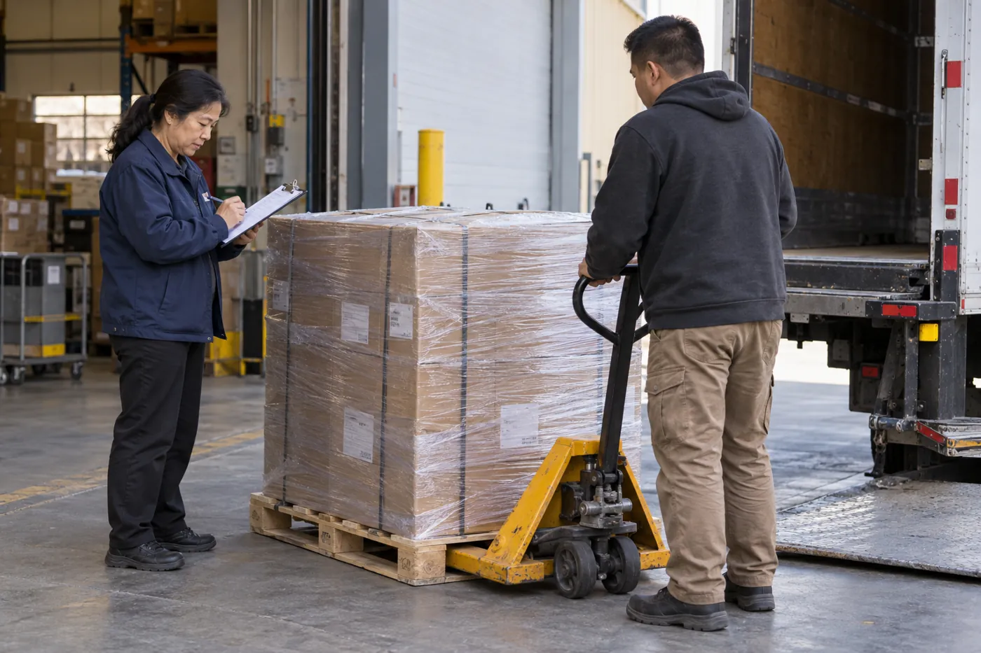 Pallet delivery handover checked at a commercial destination.