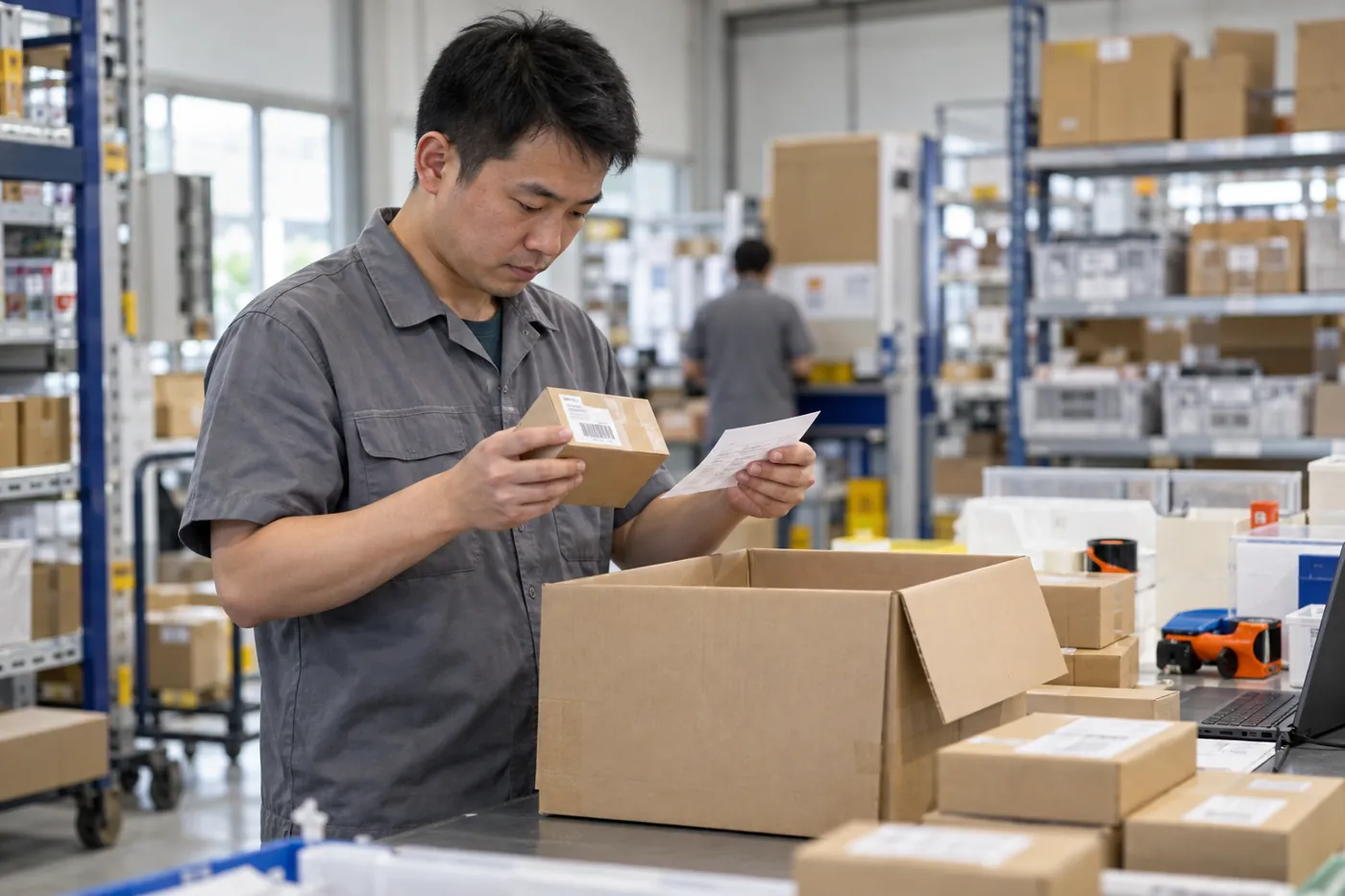 Etiquetas del producto y de la caja de envío comprobadas durante la preparación de la reposición.