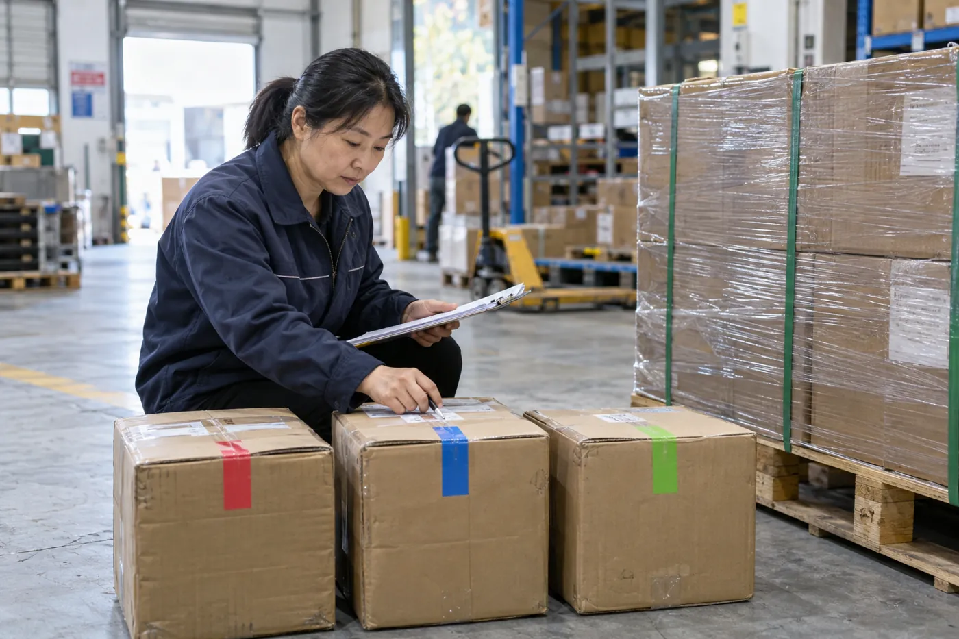 Cajas de proveedores comprobadas conjuntamente antes de un envío de carga consolidada.