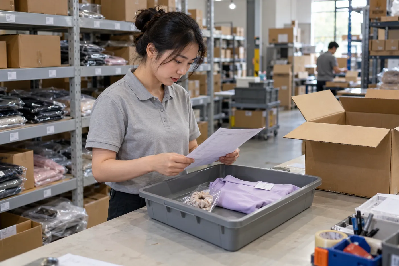 Kommissionierte Produkte vor der Verpackung mit dem Auftrag verglichen.