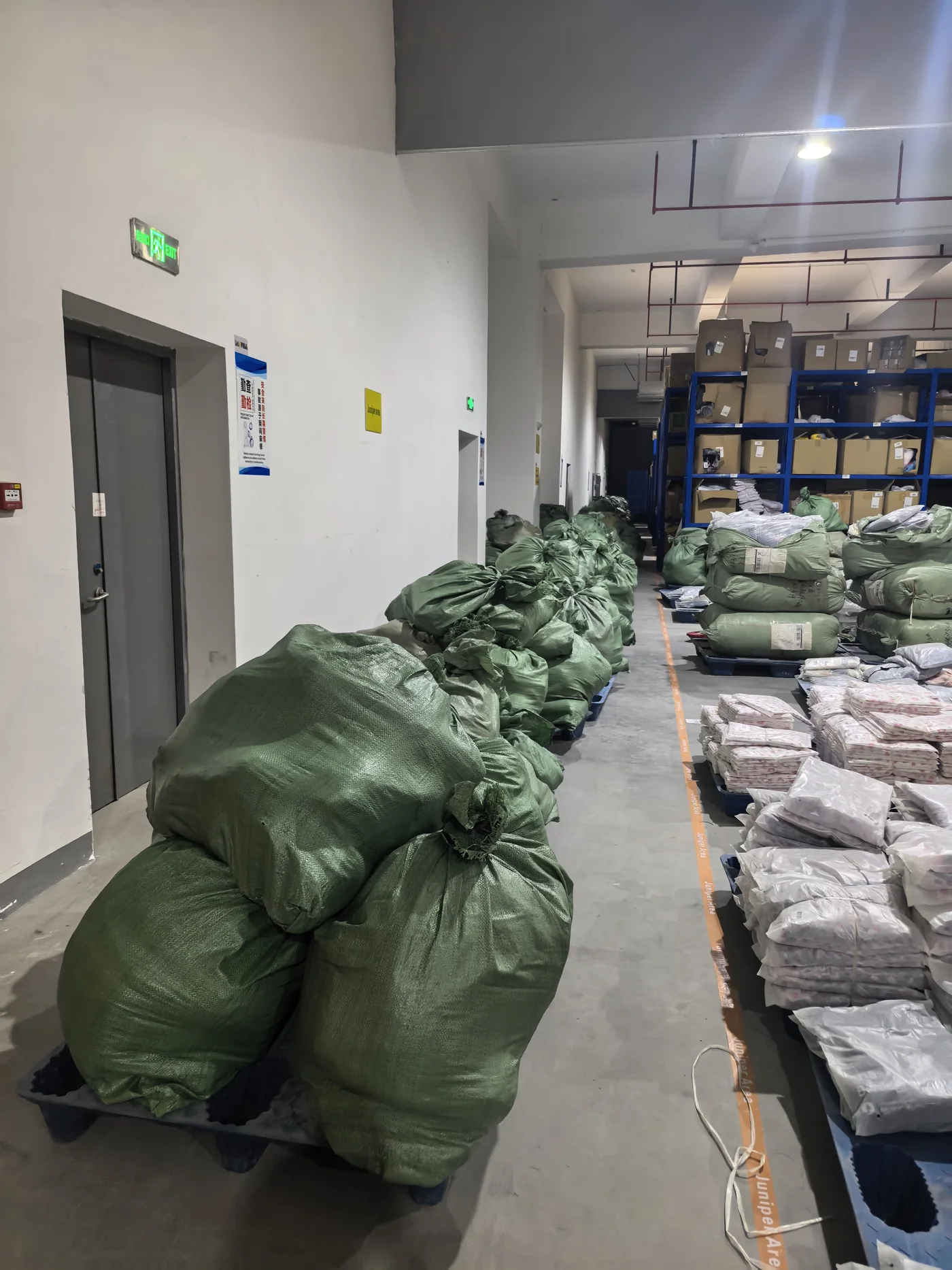 Bagged and wrapped goods in the warehouse storage area